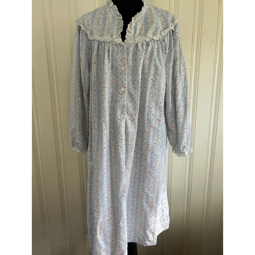 Lanz of Salzburg M Blue Floral Stripe Cotton Flannel Nightgown Cottage Grandma